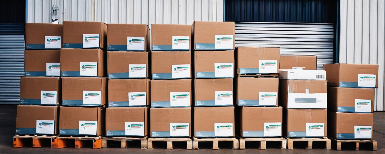 Stacks of labeled cardboard boxes arranged on wooden pallets in front of a warehouse with closed metal doors.