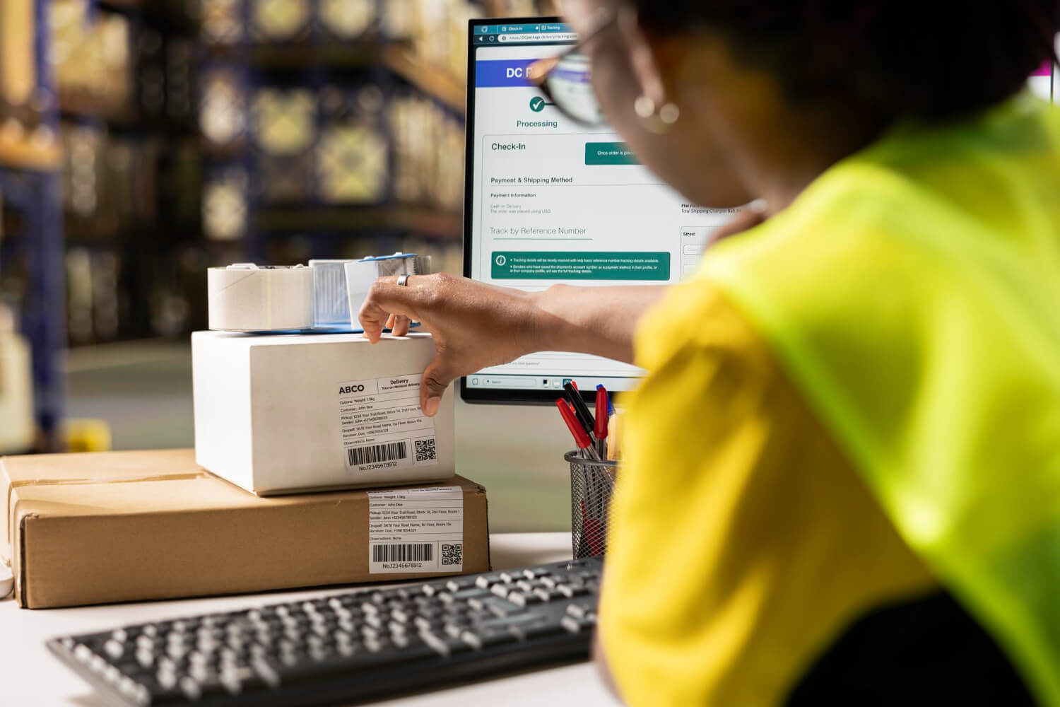 Person in a yellow safety vest checking packages at a desk with a computer displaying shipping processing details.