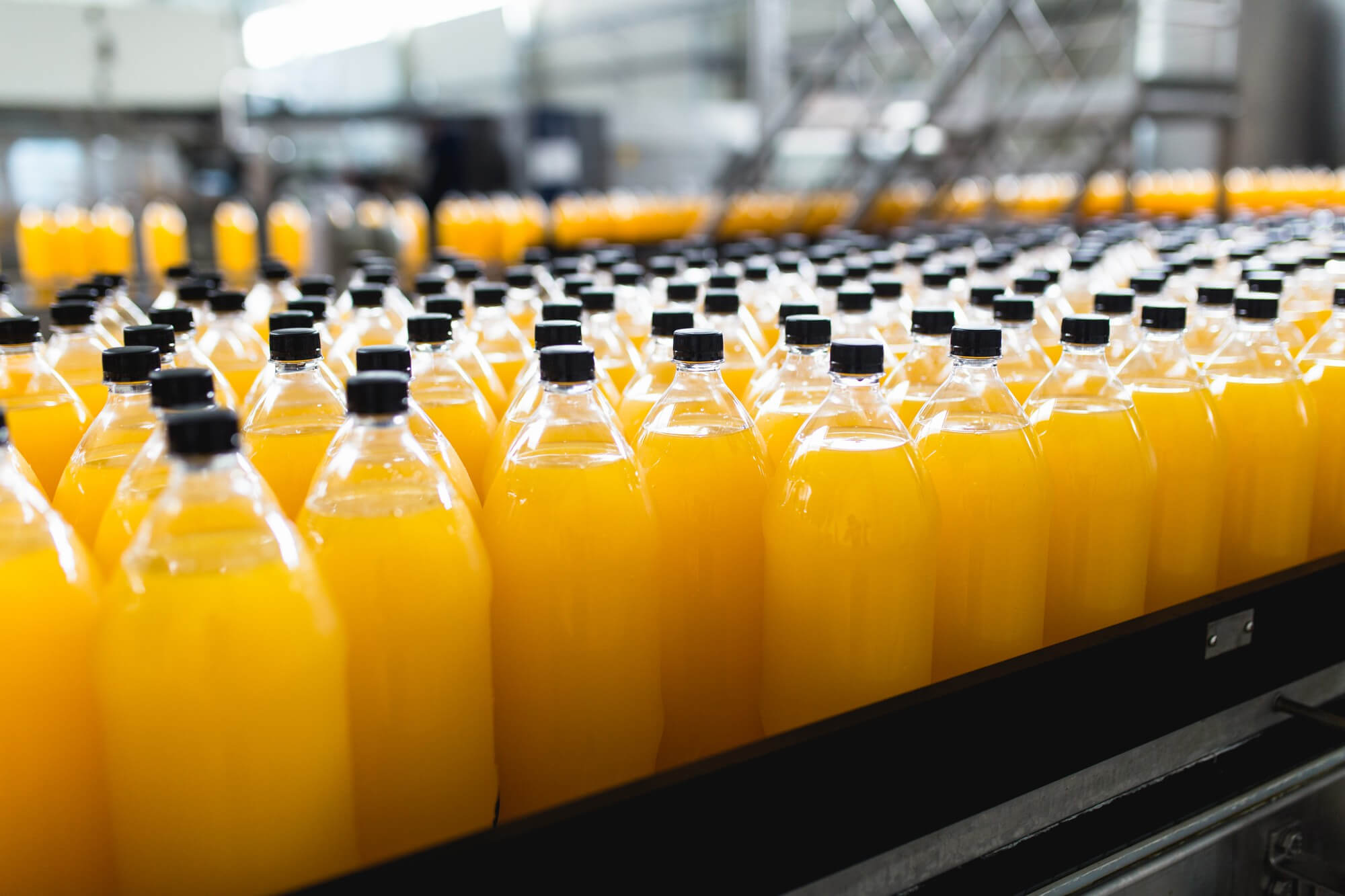 Rows of clear plastic bottles filled with orange juice on a production line in a factory.