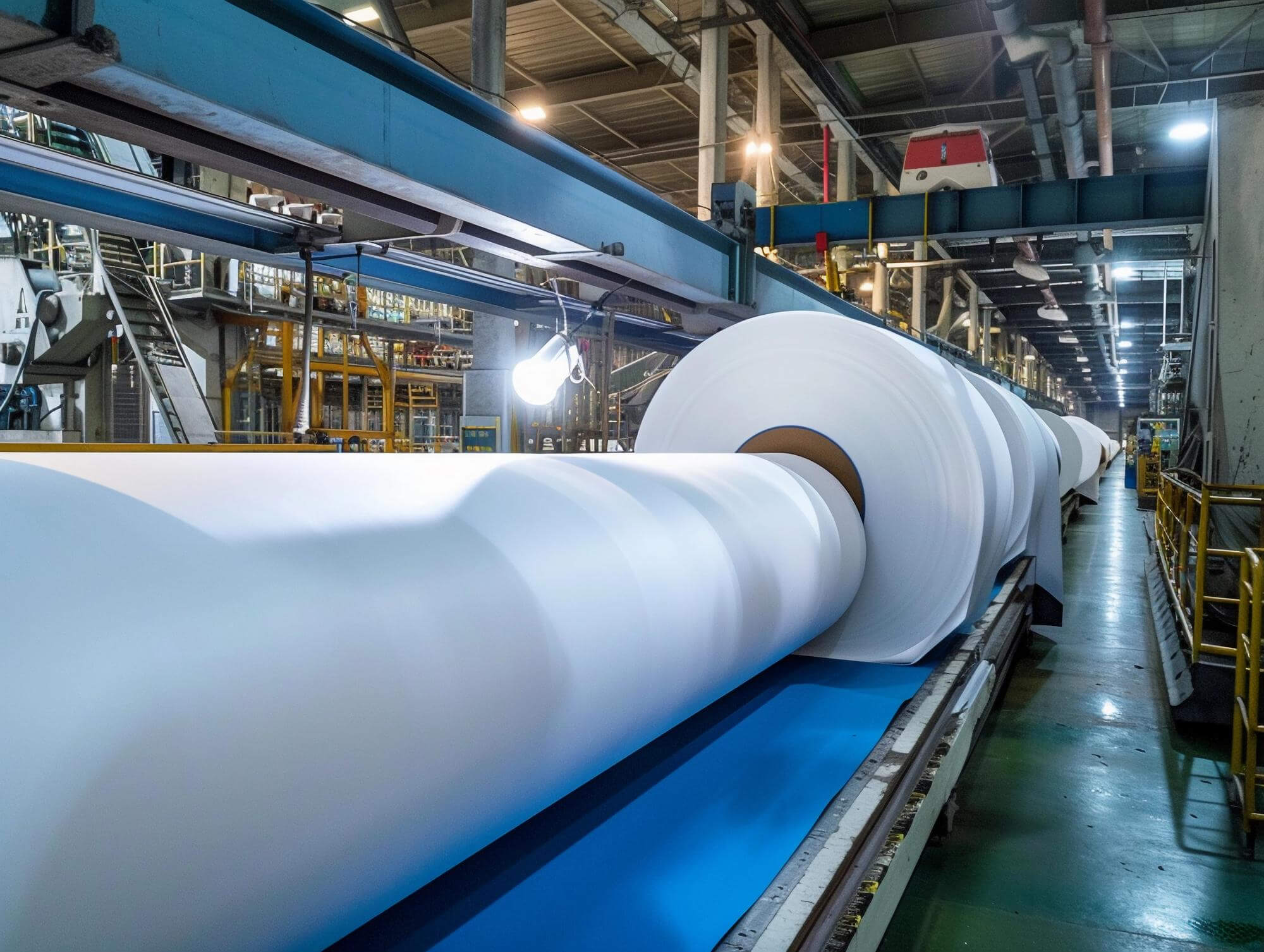 Large rolls of white paper on a conveyor belt inside a paper manufacturing factory.