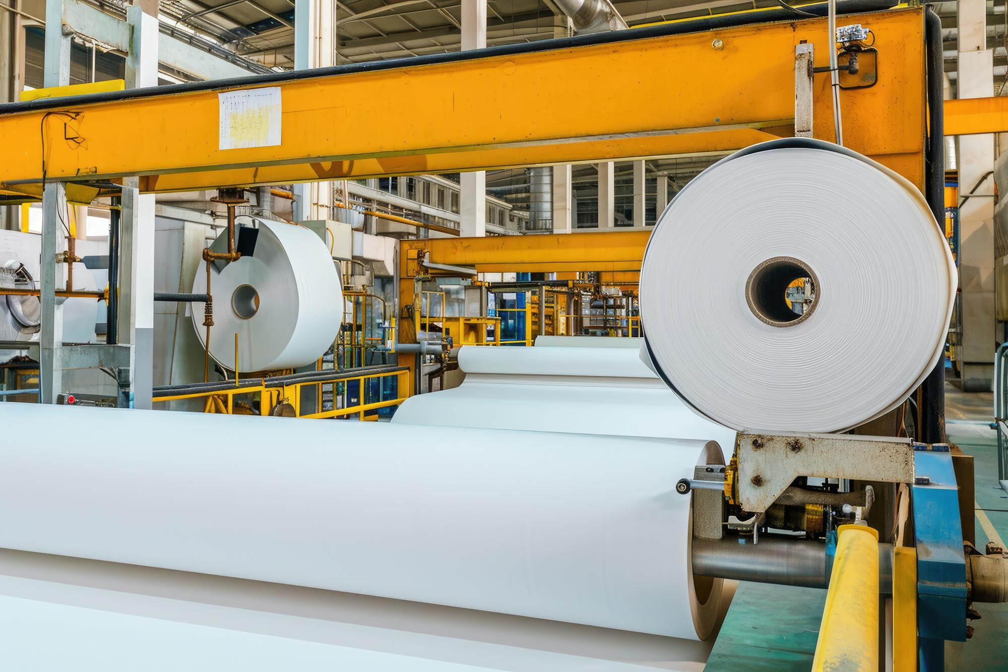 Large rolls of white paper being processed on machinery inside a spacious industrial paper mill.