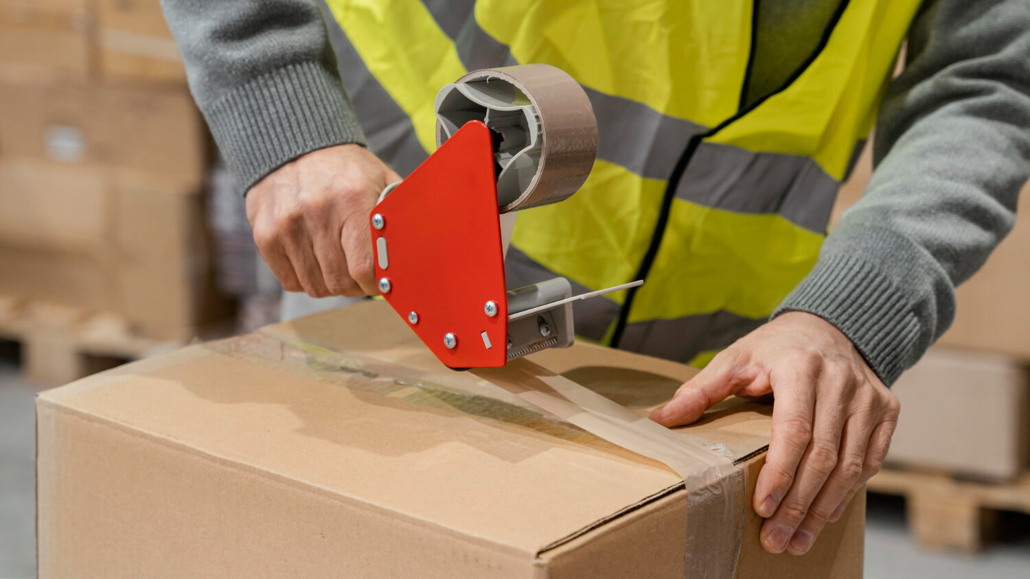 Person wearing a yellow safety vest sealing a cardboard box with clear packing tape using a tape dispenser.