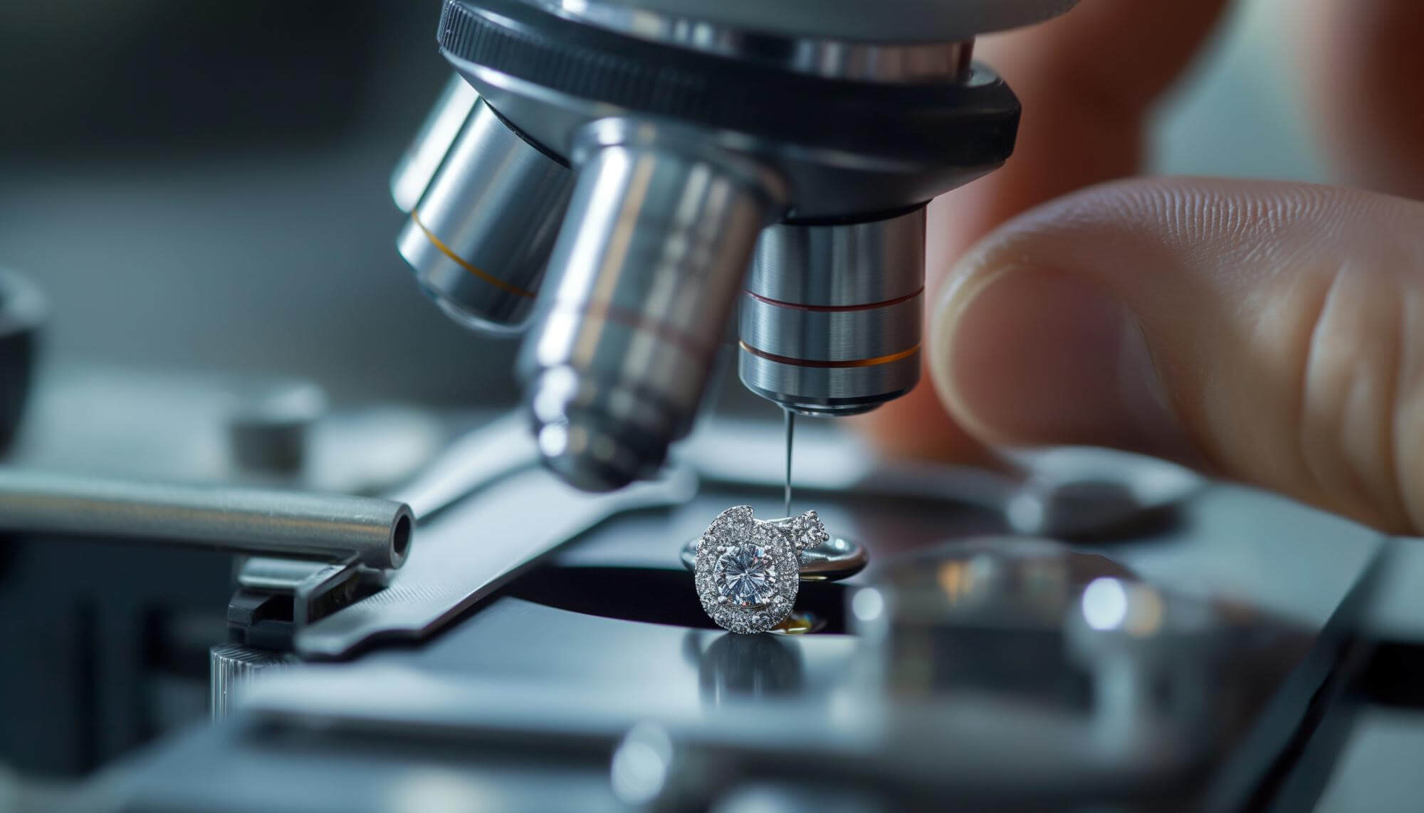 Close-up of a diamond ring being examined under a microscope with a fingertip nearby.