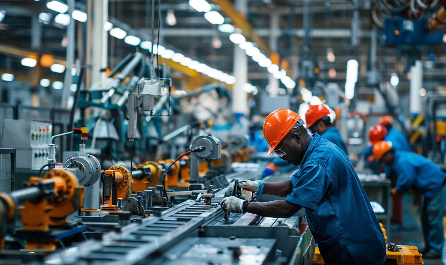 Workers in blue uniforms and orange helmets operating machinery in an industrial factory assembly line.