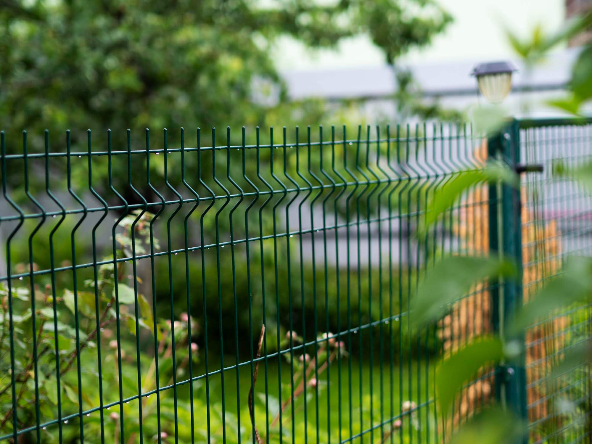 Green metal garden fence with plants and greenery behind it.