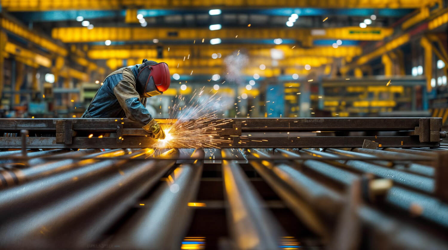 Worker wearing protective gear welding metal beams in an industrial factory with sparks flying.