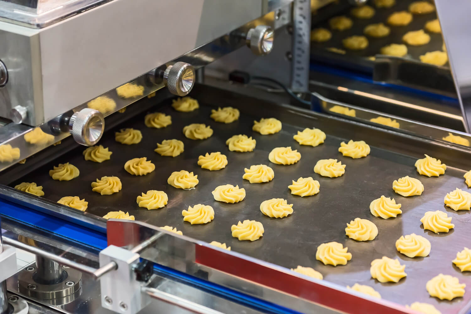 Rows of small dollops of yellow dough on a metal tray inside an industrial machine for cookie production.