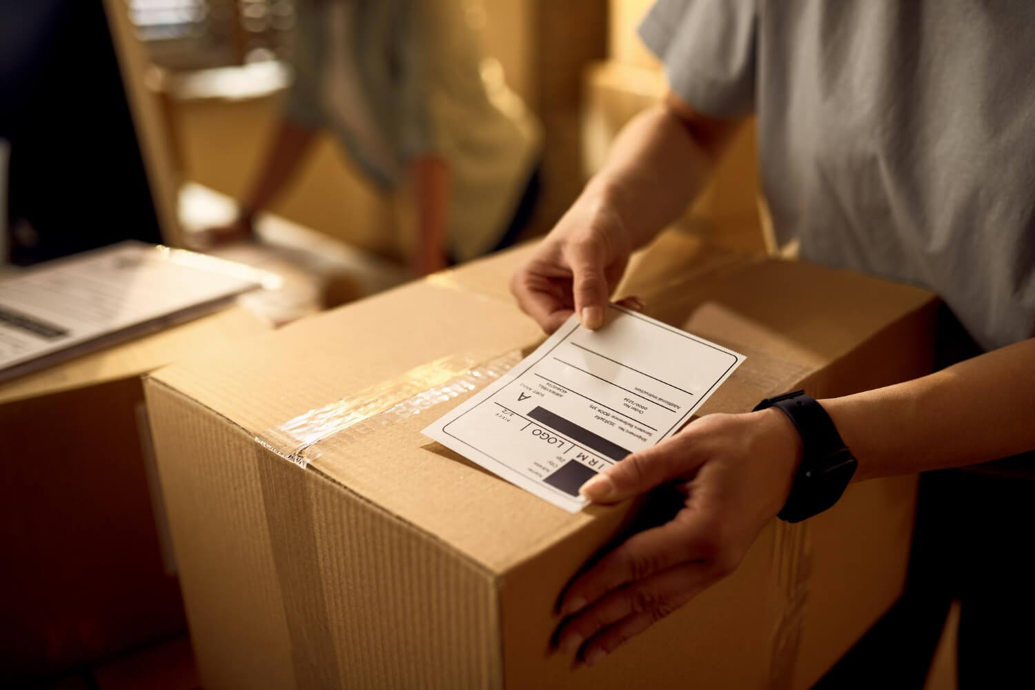 Person affixing a shipping label on a sealed cardboard box with other boxes in the background.