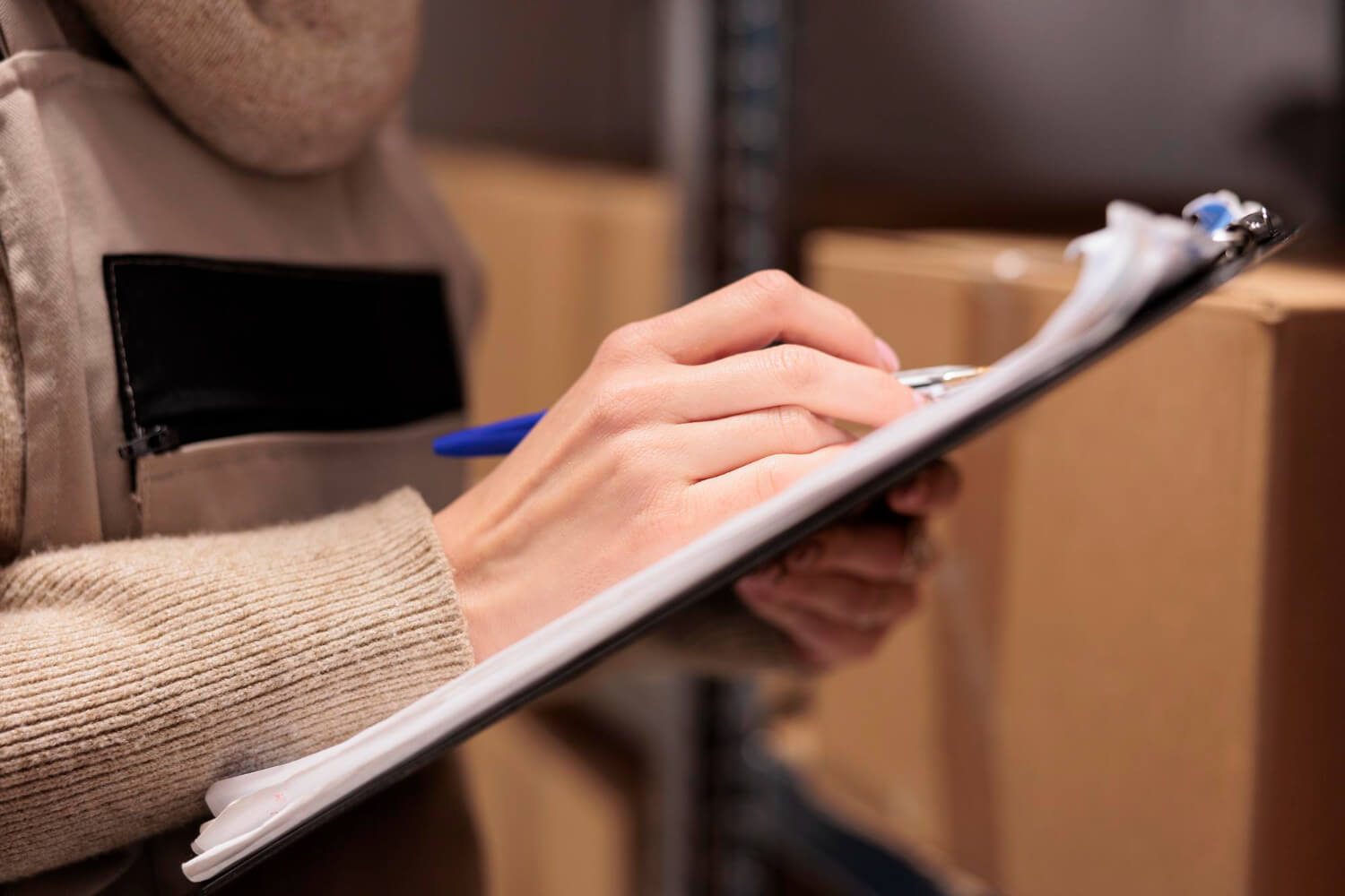 Person wearing a beige sweater and vest writing on a clipboard with cardboard boxes in the background.