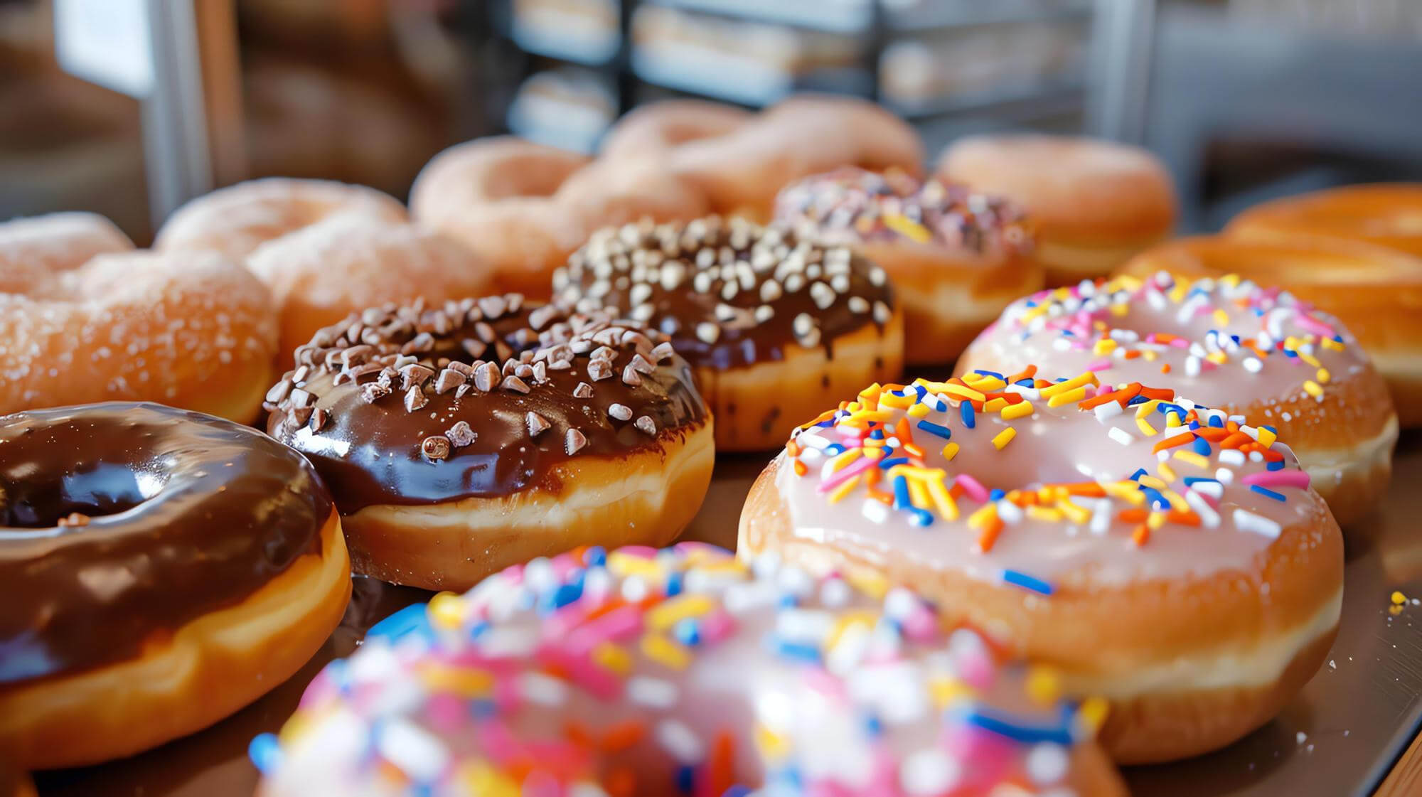 Close-up of assorted glazed donuts with chocolate and colorful sprinkles on a tray.