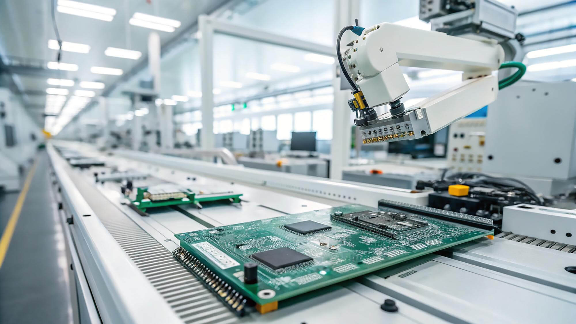 Robotic arm inspecting green electronic circuit boards on a conveyor belt in a modern factory.