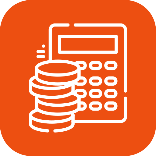 White line icon of a calculator with a stack of coins on an orange rounded square background.