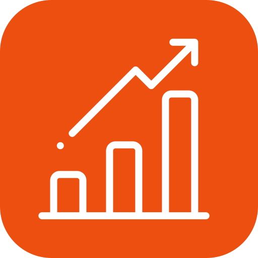 Icon of a white ascending bar chart with an arrow showing growth on an orange rounded square background.