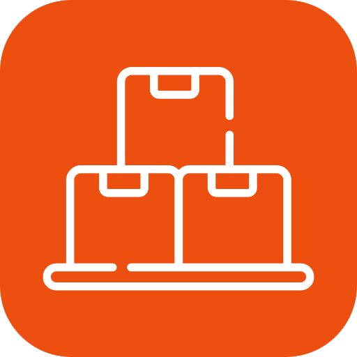 White line drawing of three stacked boxes on an orange rounded square background.