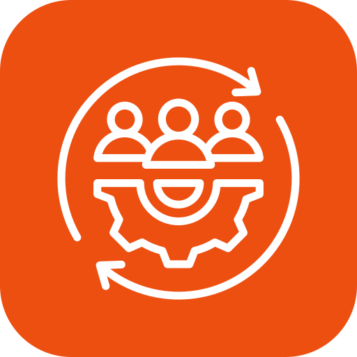 White line icon of three people above a gear, enclosed by two circular arrows, on an orange rounded square background.