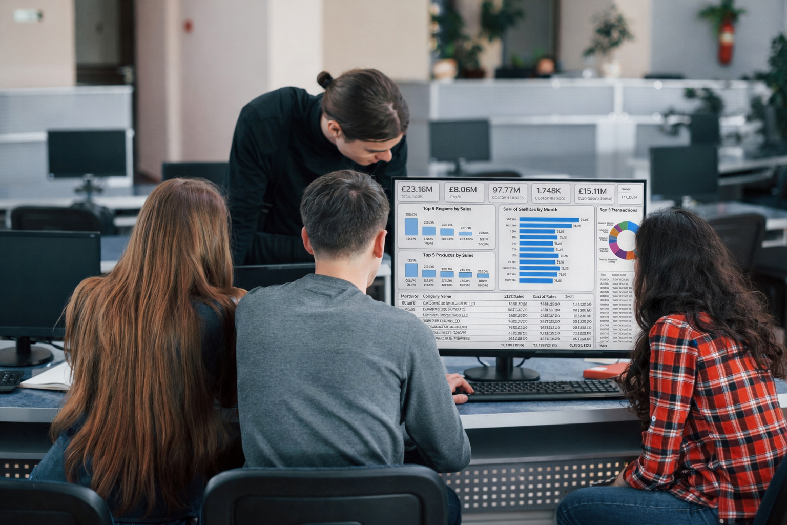Three people collaborating in an office looking at a computer screen displaying sales data with charts and graphs.
