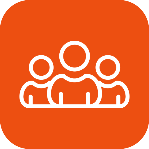 White outline icon of three people on an orange rounded square background representing a group or team.