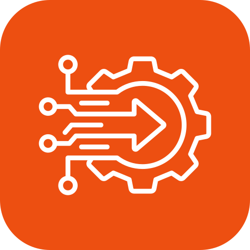 White gear icon with an arrow and circuit lines inside on an orange rounded square background representing technology integration.