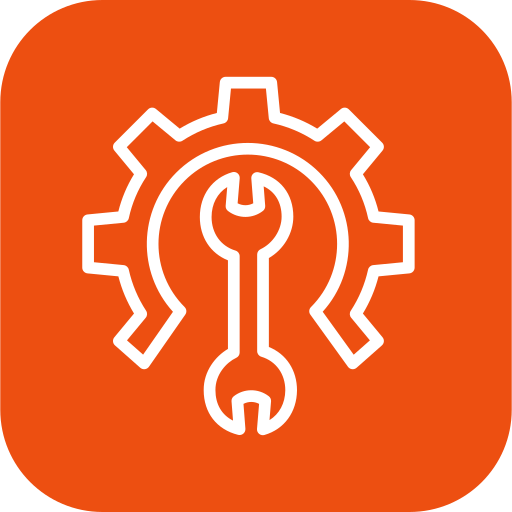 White wrench inside a gear icon on an orange rounded square background representing maintenance.