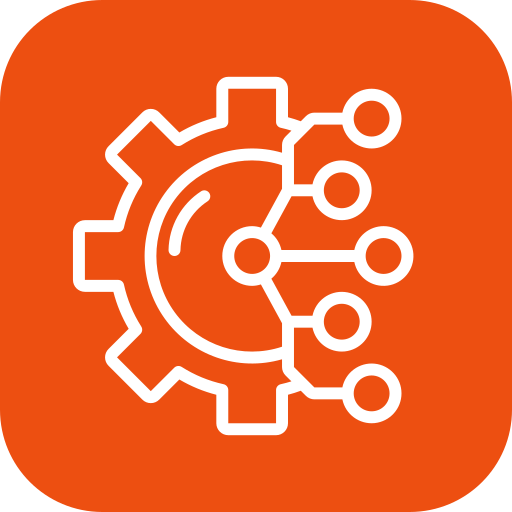 White gear icon with connected network nodes on an orange rounded square background representing manufacturing technology.
