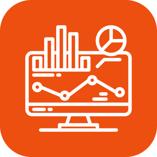 Icon of a computer monitor displaying charts including a bar graph, line graph, and pie chart on an orange background.