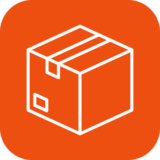 White outline of a closed cardboard box on an orange rounded square background.