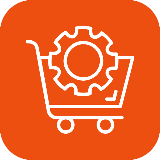 White shopping cart with a gear inside on an orange rounded square background representing procurement.