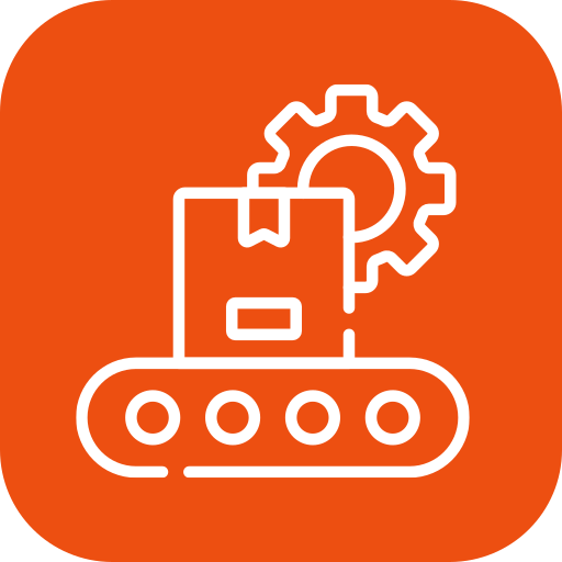 White line icon of a package on a conveyor belt with a gear in the background on an orange rounded square background.